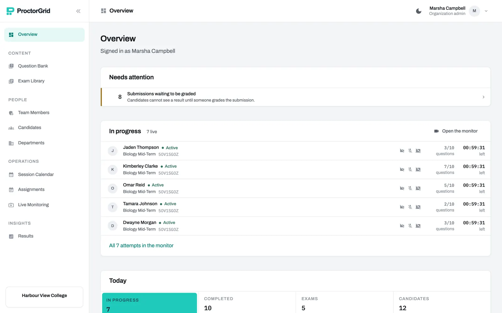 The staff overview, with what needs attention first and every sitting in progress below it.