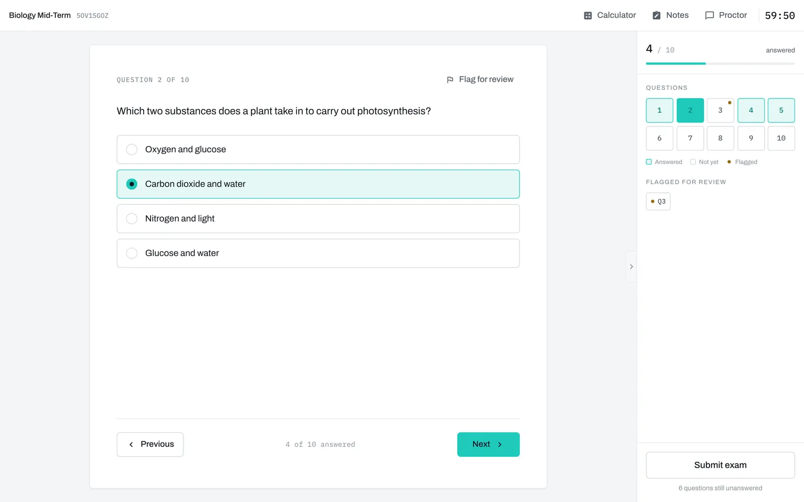 A candidate's exam screen: question 2 of 10 with an answer chosen, four questions answered and question 3 flagged for review.