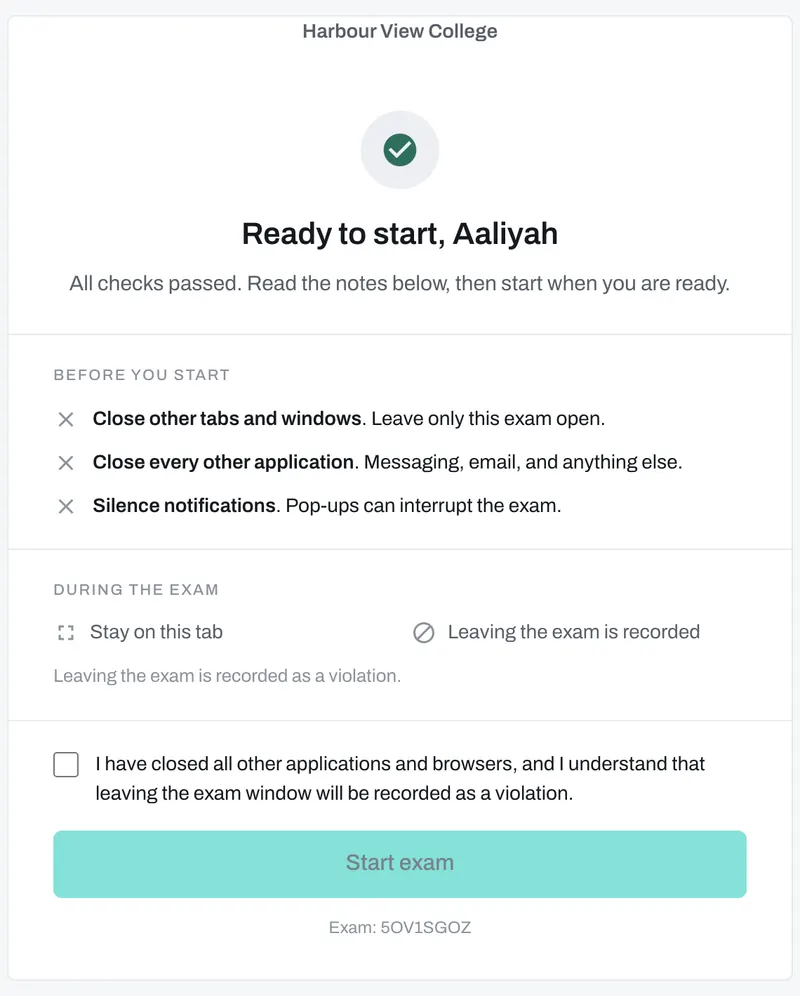 The ready screen a candidate confirms before starting, listing what to close and what is recorded.