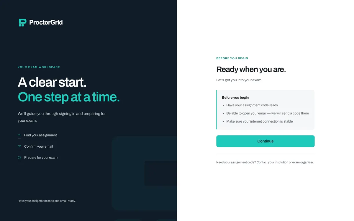 The candidate sign-in screen: a short list of what you need, and a Continue button.