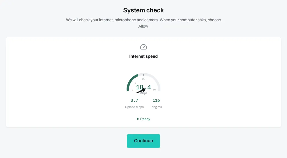 The system check: an internet speed test showing about 18 megabits per second and the word Ready.